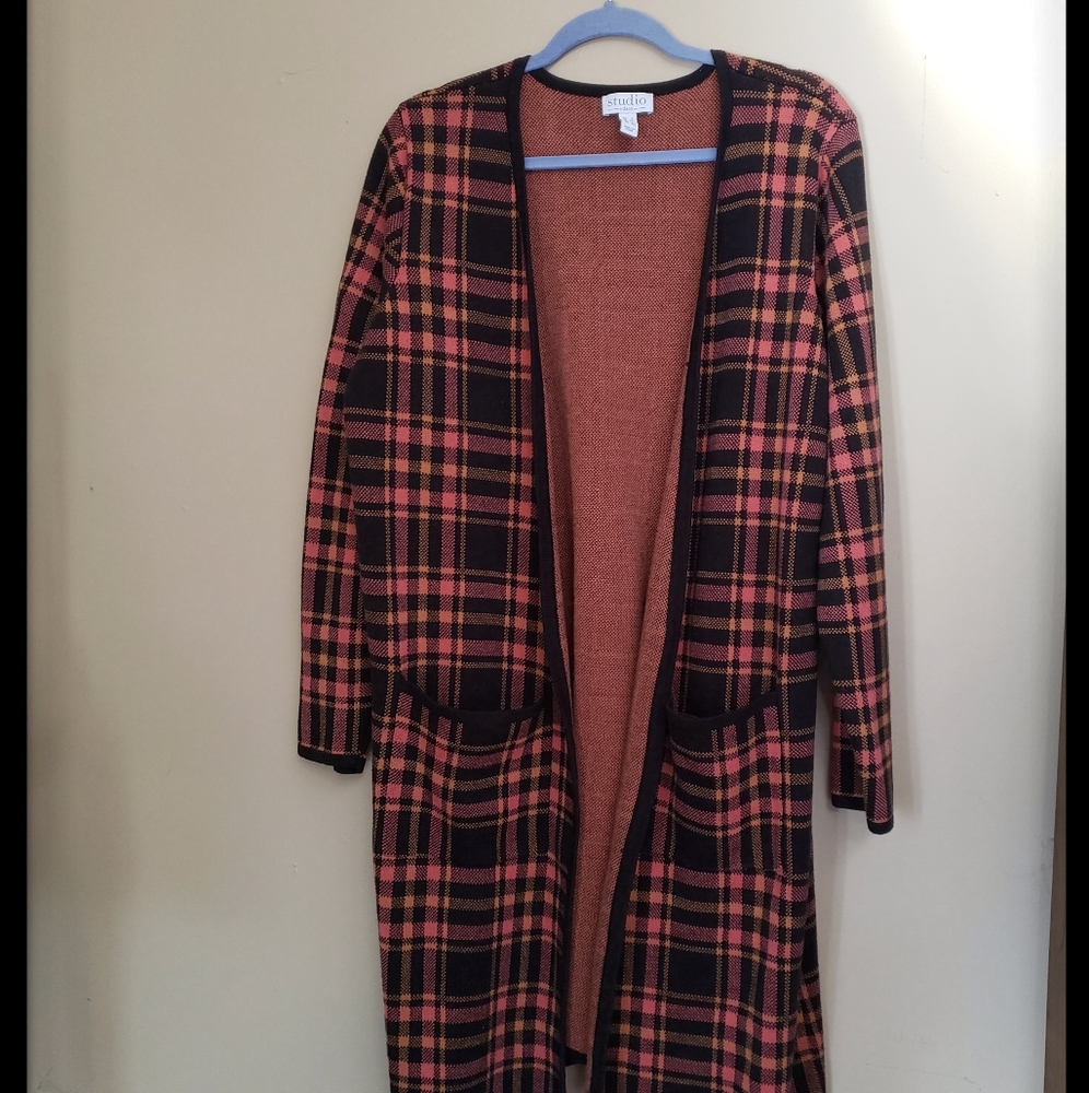 Plaid Jacquard Open Front Cardigan- LARGE